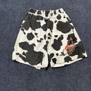 Vintage 90s Giant Aerosmith Cow‎ Print Shorts Mens Small Black Elastic Waist
